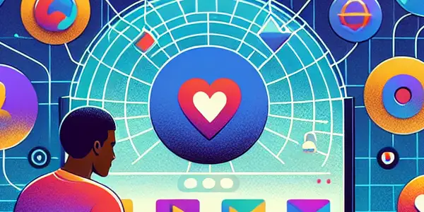 A cozy room with a person exploring vibrant digital adult content on a laptop, surrounded by privacy symbols.