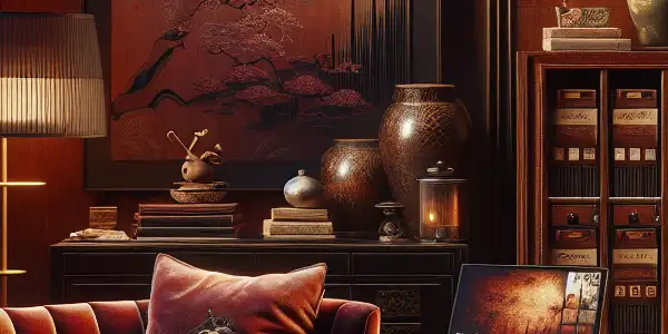 A cozy, dimly lit room with a plush armchair, vintage cabinet, and a laptop displaying abstract adult content.