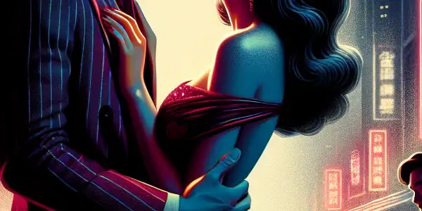 A passionate embrace between a stylish couple in a vibrant, neon-lit urban nightlife setting.