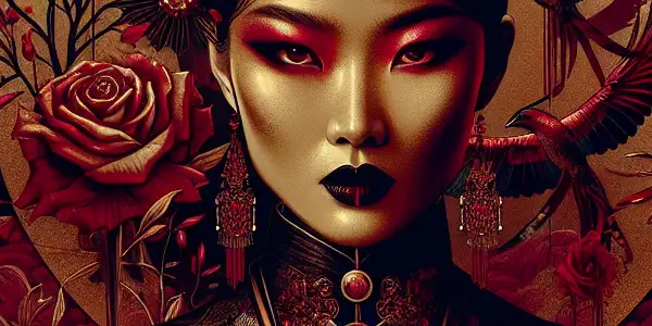 A dramatic scene of a powerful woman in a sensual outfit, surrounded by roses and candles, embodying passionate romance and danger.