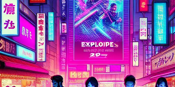 A lively Tokyo nightlife scene showcasing diverse individuals excitedly discussing Japanese adult films amid vibrant neon lights.