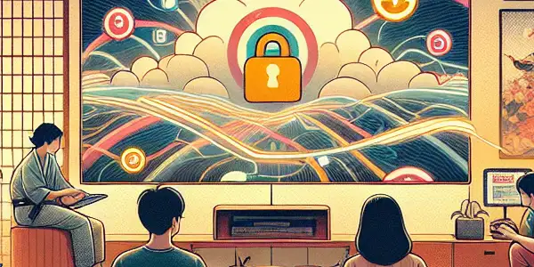 A cozy living room illustrating responsible technology use with digital content, emphasizing safety and privacy.