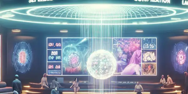 A vibrant futuristic lounge showcasing a secure adult lottery platform with diverse users engaging with holographic displays.