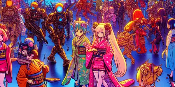 A whimsical, vibrant cityscape filled with playful, stylish characters in exaggerated poses and colorful neon lights.