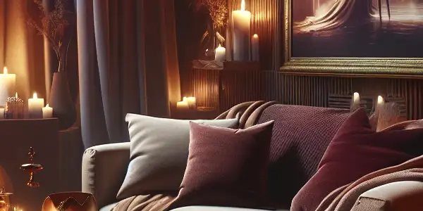 A cozy, dimly lit room featuring adult products, elegant lingerie, and a tasteful adult film on screen.