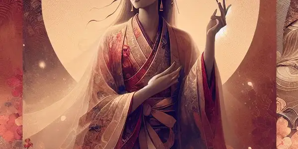 A mysterious woman in a semi-transparent garment explores a sensual adventure near a majestic Maitreya Buddha statue amidst cherry blossoms.