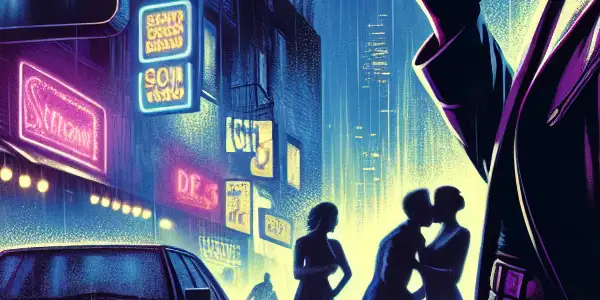 A brooding protagonist in a leather jacket leans against a graffiti wall in a neon-lit, gritty urban night scene.