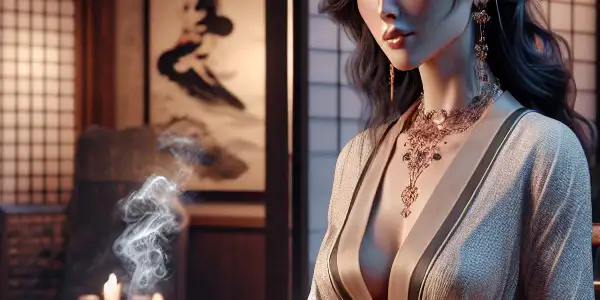 A mature, alluring woman in an elegant outfit, set in a tastefully decorated Japanese living room.