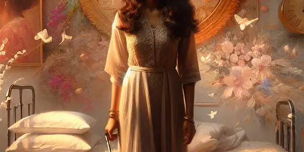 A young woman in elegant lingerie reflects on her emotional journey in a warmly lit, intimate bedroom.