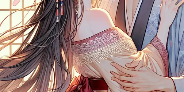 A romantic embrace between a man and woman in a softly lit Japanese setting, surrounded by cherry blossoms.