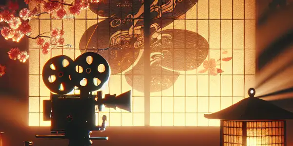 An intimate Japanese room featuring a film reel, vintage projector, and cherry blossoms, evoking allure and sophistication.