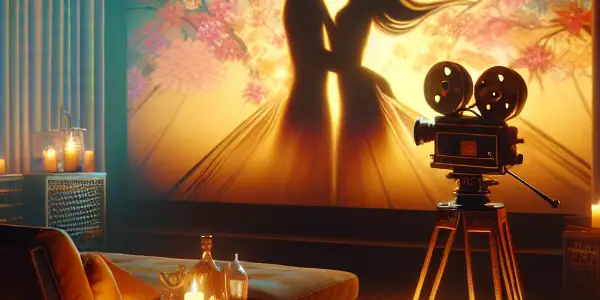 A cozy, intimate setting inspired by Japanese cinema, featuring a vintage projector and silhouettes of couples in romantic poses.