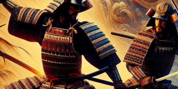 A dramatic samurai duel in the foreground with subtle references to Japanese adult films in the background.