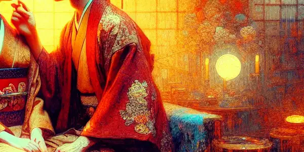 A cinematic moment between two characters in an intimate Japanese setting, highlighting emotional tension and cultural aesthetics.