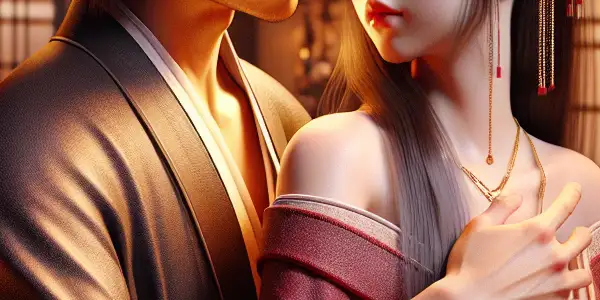 A passionate young couple shares an intimate moment in a warmly lit, traditional Japanese setting.<a href=