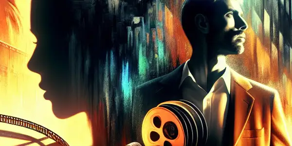 A determined office worker in casual attire holds a vintage camera in a dimly lit urban setting, hinting at the adult film industry.<a href=