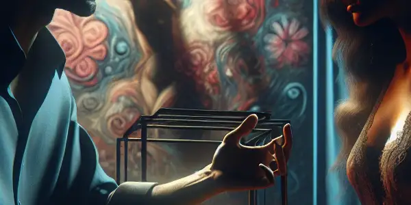 A tense interaction between two characters in a dimly lit, atmospheric setting, evoking suspense and desire.