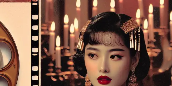 A glamorous actress in elegant attire poses dramatically on a vintage film set, evoking early 2000s Asian cinema.