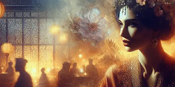 Cinematic poster featuring actress Wang Li Dani in an elegant pose, set in a luxurious Japanese film studio ambiance.