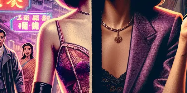 A split scene showcasing Shu Qi's evolution from sultry roles in a 1990s alley to a sophisticated café setting.