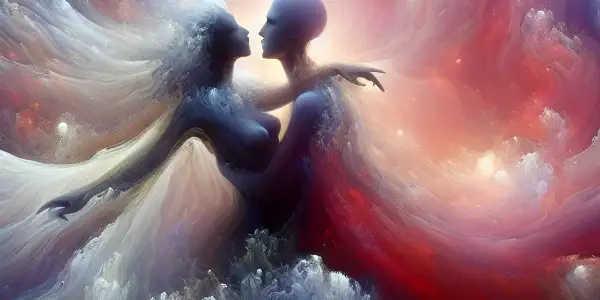 Two abstract figures in a passionate embrace, surrounded by swirling colors and a dreamy, sensual atmosphere.