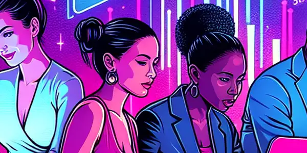 A diverse group of individuals in a high-tech environment focused on uploading adult videos amidst vibrant digital elements.